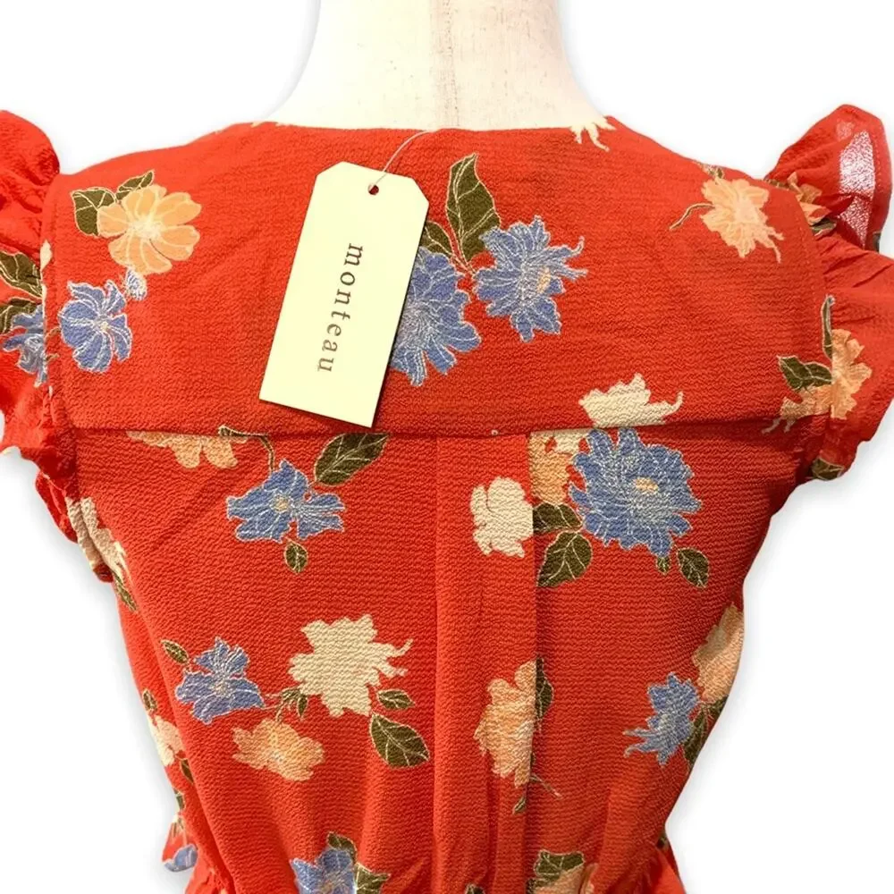 New monteau blouse sleeveless faux wrap orange floral side tie top shirt size‎ M